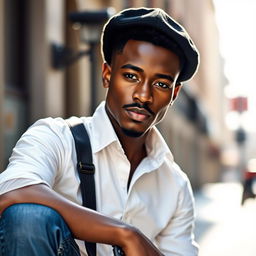 A slender black man with a mustache, wearing a white shirt and blue jeans