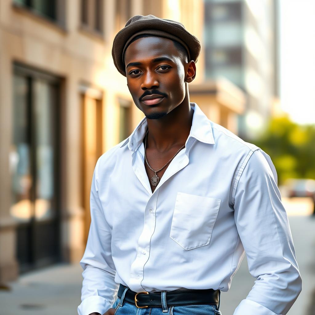 A slender black man with a mustache, wearing a white shirt and blue jeans