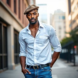 A slender black man with a mustache, wearing a white shirt and blue jeans