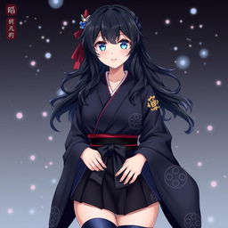 A Genshin Impact female original character (OC) with long, wavy dark hair and striking azure blue eyes