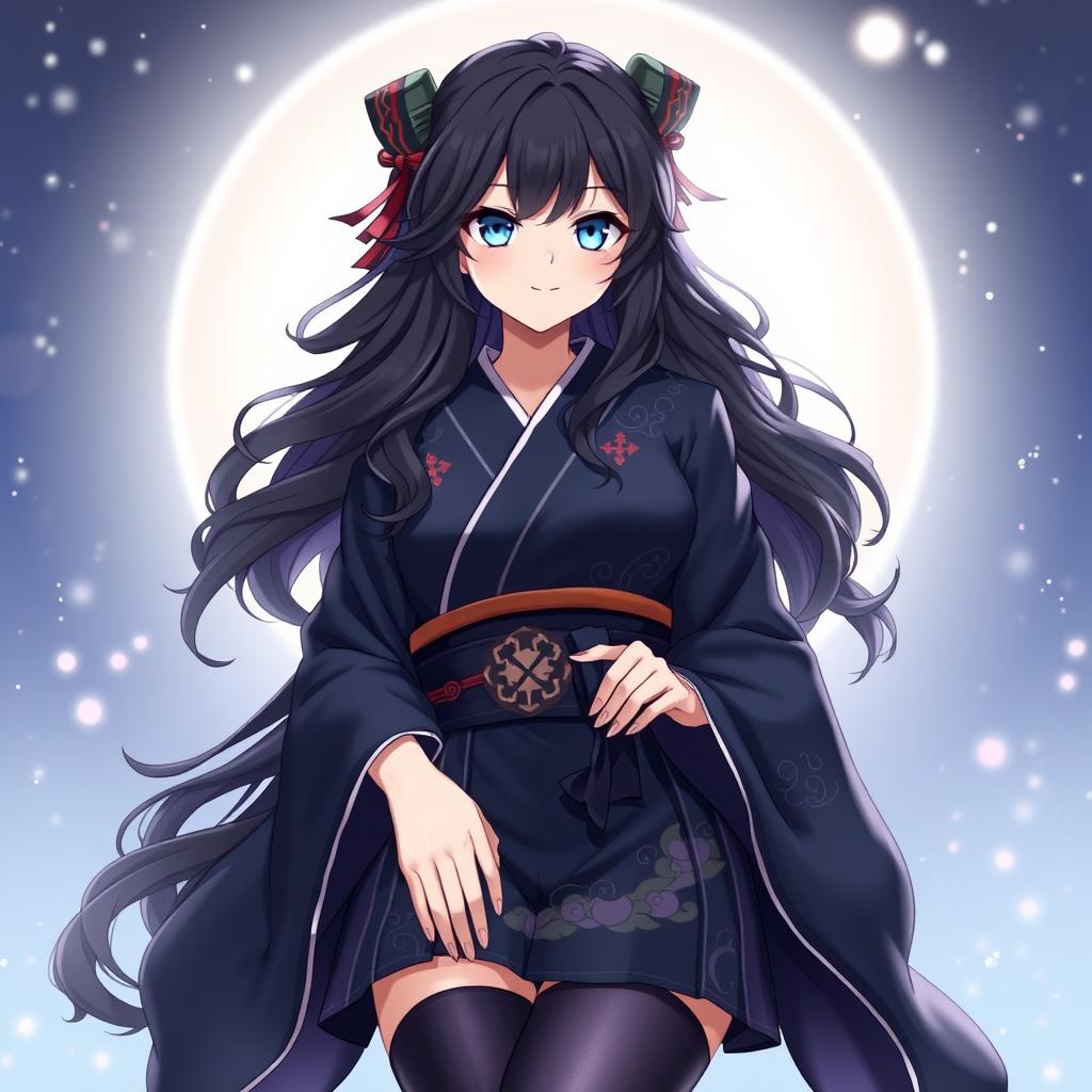 A Genshin Impact female original character (OC) with long, wavy dark hair and striking azure blue eyes