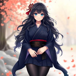 A Genshin Impact female original character (OC) with long, wavy dark hair and striking azure blue eyes
