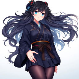 A Genshin Impact female original character (OC) with long, wavy dark hair and striking azure blue eyes
