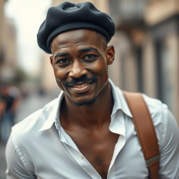 A slender black man with a stylish mustache, wearing a white shirt and blue jeans, sporting a fashionable beret