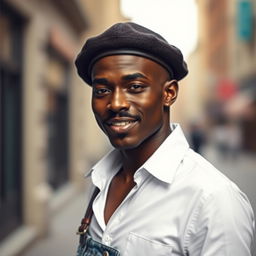 A slender black man with a stylish mustache, wearing a white shirt and blue jeans, sporting a fashionable beret