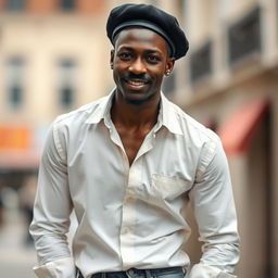 A slender black man with a stylish mustache, wearing a white shirt and blue jeans, sporting a fashionable beret