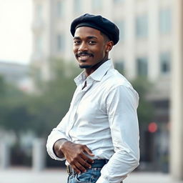 A slender black man with a stylish mustache, wearing a white shirt and blue jeans, sporting a fashionable beret