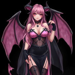A realistic sexy gothic anime succubus girl with intricate wings, striking horns, and an elegant tail, portraying a flustered subtle smile with a soft blush on her cheeks