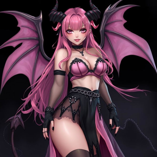 A realistic sexy gothic anime succubus girl with intricate wings, striking horns, and an elegant tail, portraying a flustered subtle smile with a soft blush on her cheeks