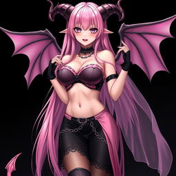 A realistic sexy gothic anime succubus girl with intricate wings, striking horns, and an elegant tail, portraying a flustered subtle smile with a soft blush on her cheeks