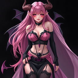 A realistic sexy gothic anime succubus girl with intricate wings, striking horns, and an elegant tail, portraying a flustered subtle smile with a soft blush on her cheeks