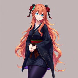 A stunning female original character (OC) inspired by Genshin Impact, featuring long, wavy orange hair cascading down her back