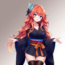 A stunning female original character (OC) inspired by Genshin Impact, featuring long, wavy orange hair cascading down her back