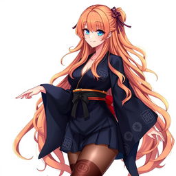 A stunning female original character (OC) inspired by Genshin Impact, featuring long, wavy orange hair cascading down her back