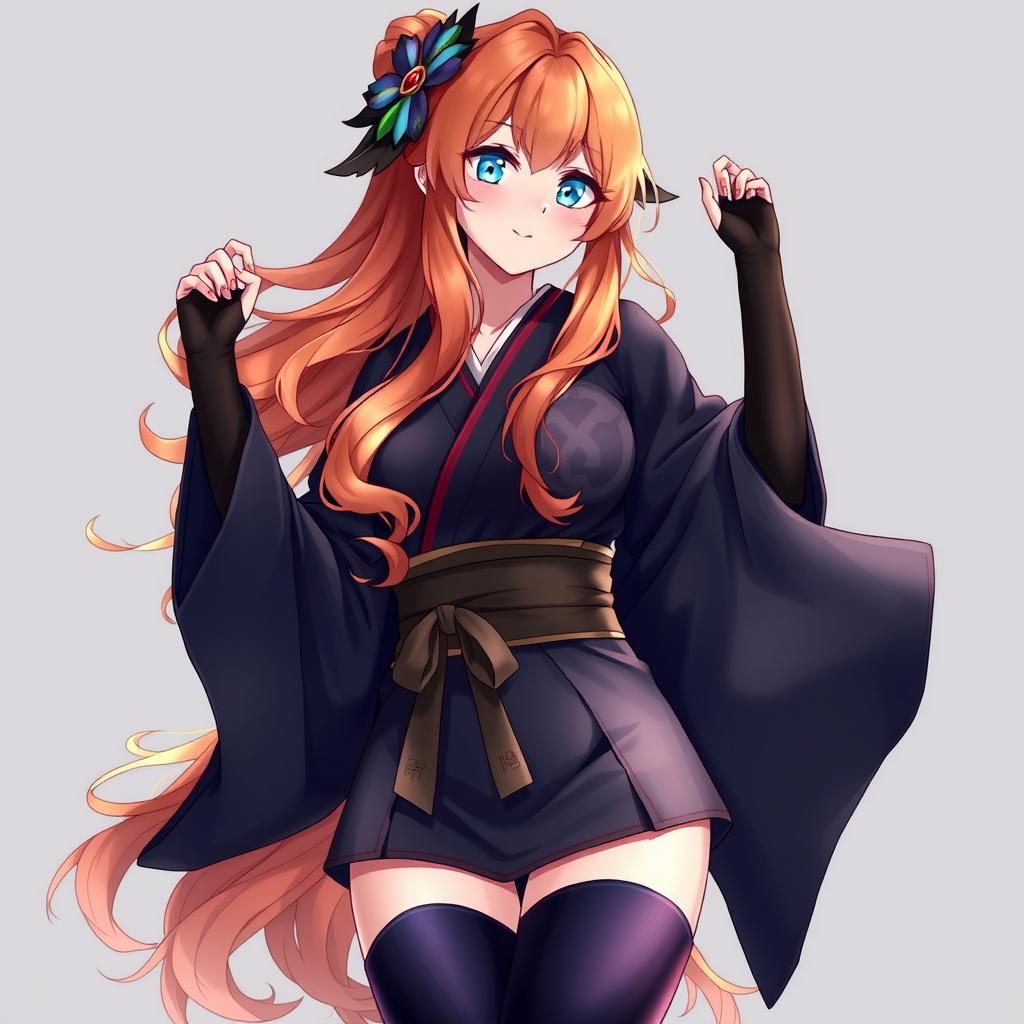 A stunning female original character (OC) inspired by Genshin Impact, featuring long, wavy orange hair cascading down her back