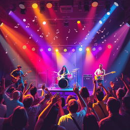 A vibrant and dynamic musical scene featuring a live band performing on stage, with a diverse group of musicians playing various instruments such as guitars, drums, and keyboards