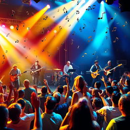 A vibrant and dynamic musical scene featuring a live band performing on stage, with a diverse group of musicians playing various instruments such as guitars, drums, and keyboards