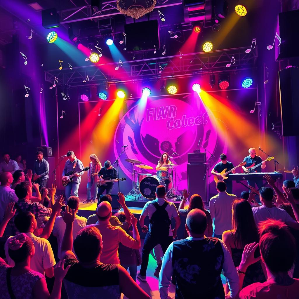A vibrant and dynamic musical scene featuring a live band performing on stage, with a diverse group of musicians playing various instruments such as guitars, drums, and keyboards