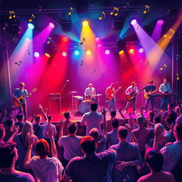 A vibrant and dynamic musical scene featuring a live band performing on stage, with a diverse group of musicians playing various instruments such as guitars, drums, and keyboards