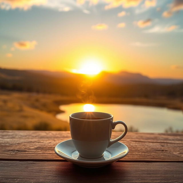 A beautiful sunrise scene with vibrant colors, featuring a steaming cup of coffee placed elegantly on a wooden table