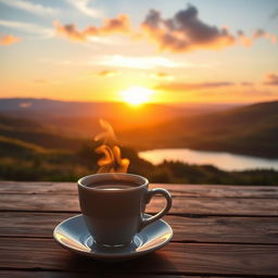 A beautiful sunrise scene with vibrant colors, featuring a steaming cup of coffee placed elegantly on a wooden table