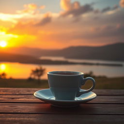 A beautiful sunrise scene with vibrant colors, featuring a steaming cup of coffee placed elegantly on a wooden table