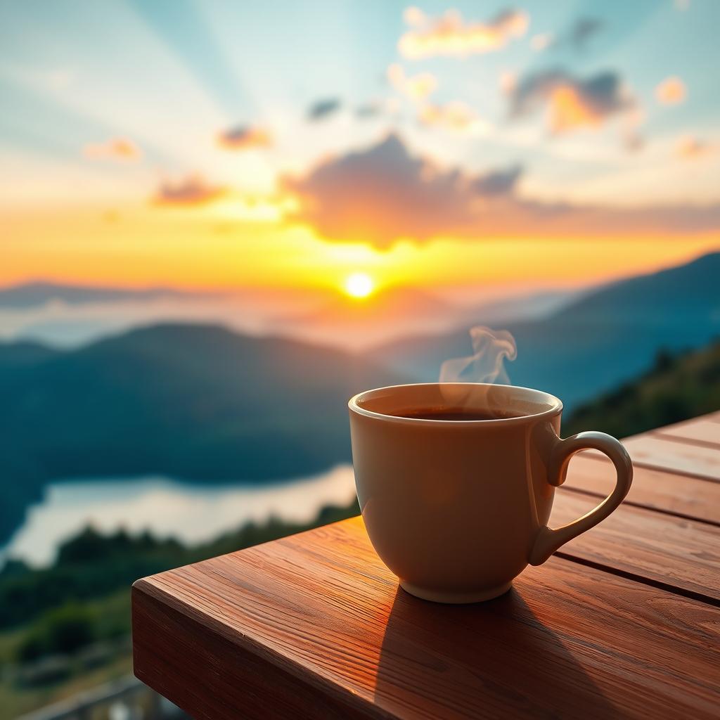 A beautiful sunrise scene with vibrant colors, featuring a steaming cup of coffee placed elegantly on a wooden table