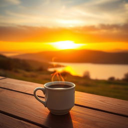 A beautiful sunrise with warm golden hues spreading across the sky, casting a soft light over a serene landscape