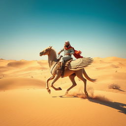 A young Yemeni man wearing a traditional shemagh, riding a majestic gryphon in the sandy deserts of Jordan