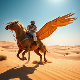 A young Yemeni man wearing a traditional shemagh, riding a majestic gryphon in the sandy deserts of Jordan