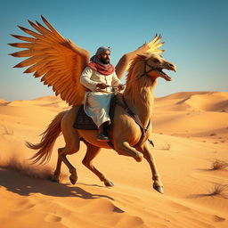 A young Yemeni man wearing a traditional shemagh, riding a majestic gryphon in the sandy deserts of Jordan