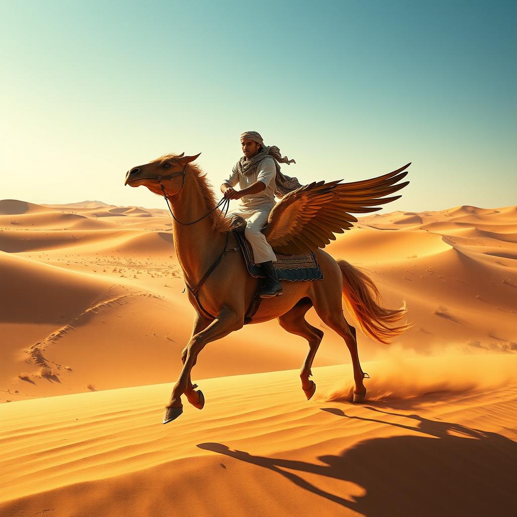 A young Yemeni man wearing a traditional shemagh, riding a majestic gryphon in the sandy deserts of Jordan