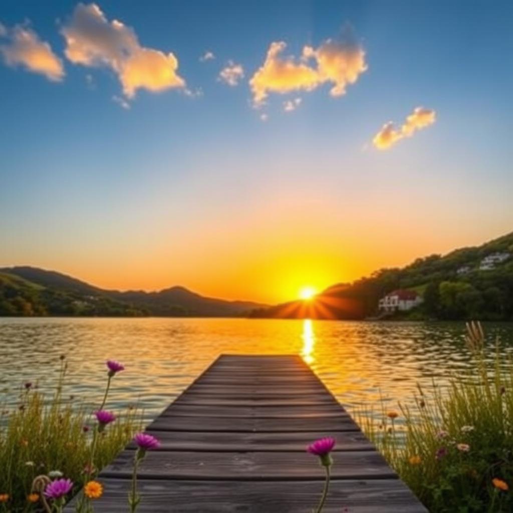 A serene landscape featuring a vibrant sunset over a tranquil lake, surrounded by lush green hills and flowering trees