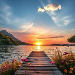 A serene landscape featuring a vibrant sunset over a tranquil lake, surrounded by lush green hills and flowering trees