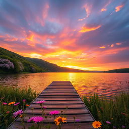 A serene landscape featuring a vibrant sunset over a tranquil lake, surrounded by lush green hills and flowering trees