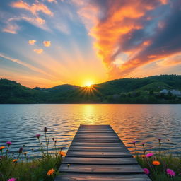 A serene landscape featuring a vibrant sunset over a tranquil lake, surrounded by lush green hills and flowering trees