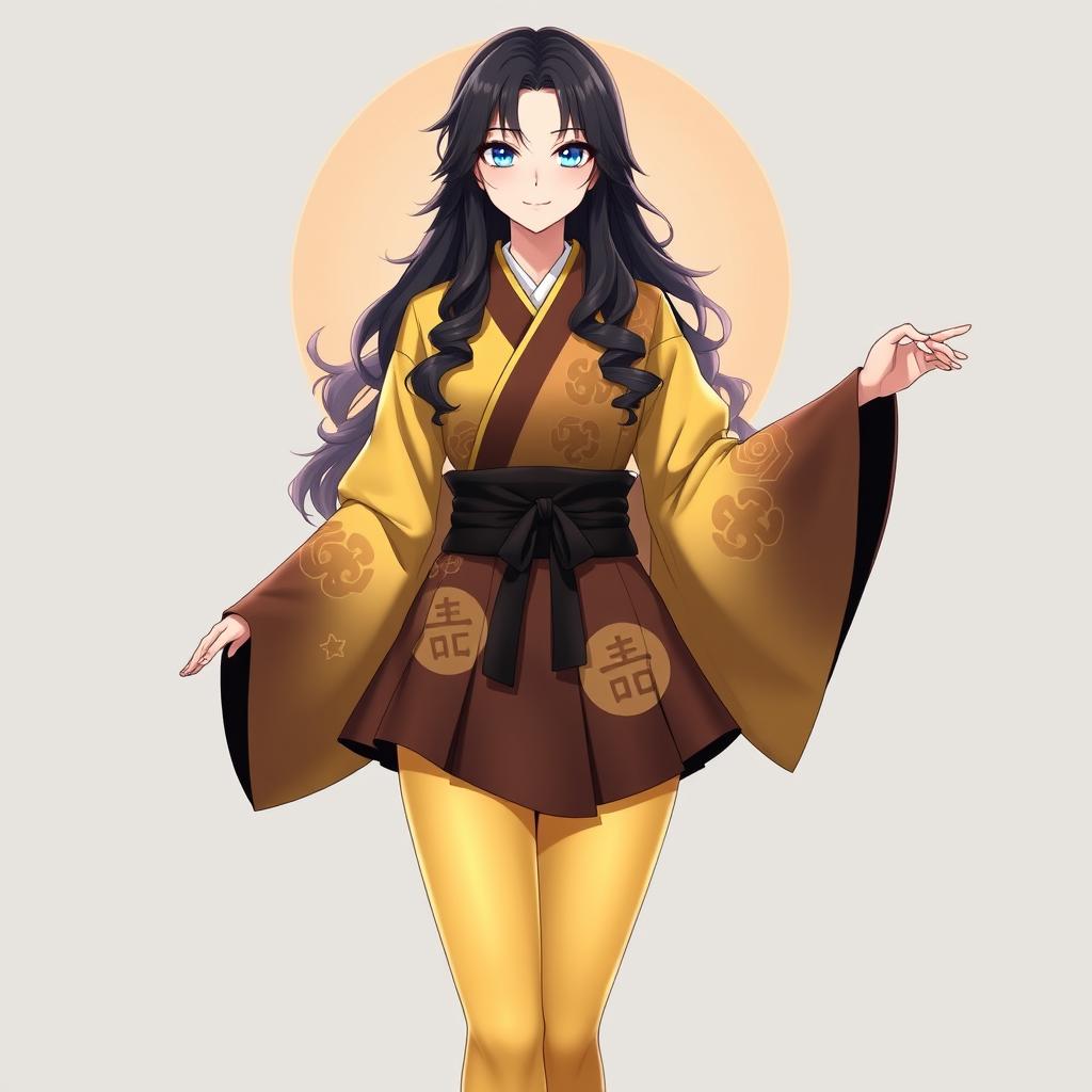 A tall and dignified female original character from Genshin Impact, with long, wavy dark hair and striking azure blue eyes