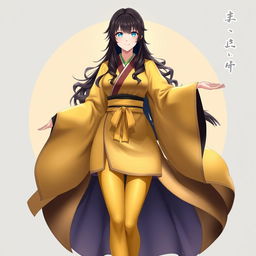 A tall and dignified female original character from Genshin Impact, with long, wavy dark hair and striking azure blue eyes
