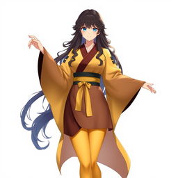 A tall and dignified female original character from Genshin Impact, with long, wavy dark hair and striking azure blue eyes