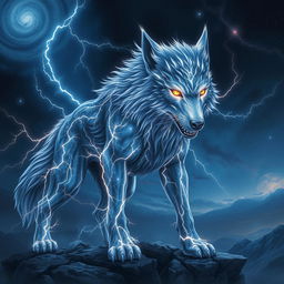 In a stunning Dungeons and Dragons character art style, a magnificent wolf emerges, its form composed of shimmering lightning bolts and twinkling stars