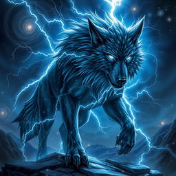 In a stunning Dungeons and Dragons character art style, a magnificent wolf emerges, its form composed of shimmering lightning bolts and twinkling stars