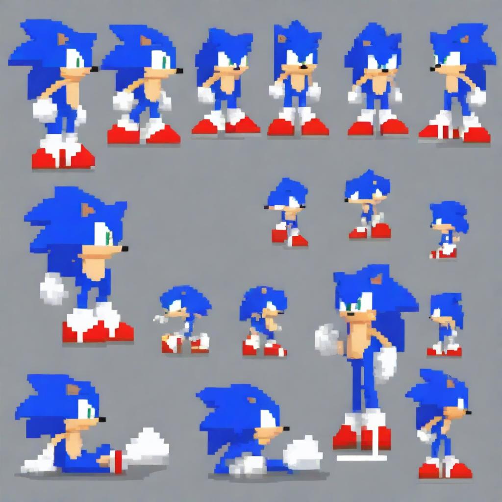 A meticulously crafted pixel art sprite sheet of Sonic the Hedgehog