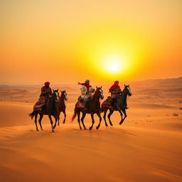 A majestic scene depicting Yemeni horse riders in the vast Jordanian desert, showcasing their traditional attire with vibrant patterns as they skillfully navigate the golden sands on magnificent horses