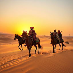 A majestic scene depicting Yemeni horse riders in the vast Jordanian desert, showcasing their traditional attire with vibrant patterns as they skillfully navigate the golden sands on magnificent horses