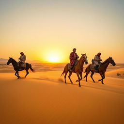 A majestic scene depicting Yemeni horse riders in the vast Jordanian desert, showcasing their traditional attire with vibrant patterns as they skillfully navigate the golden sands on magnificent horses