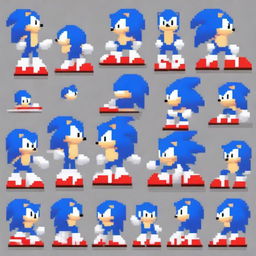 A meticulously crafted pixel art sprite sheet of Sonic the Hedgehog