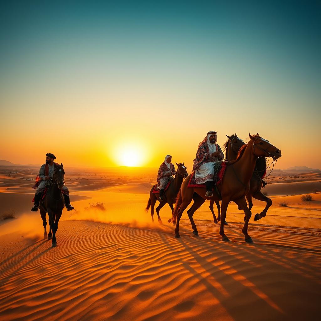 A majestic scene depicting Yemeni horse riders in the vast Jordanian desert, showcasing their traditional attire with vibrant patterns as they skillfully navigate the golden sands on magnificent horses
