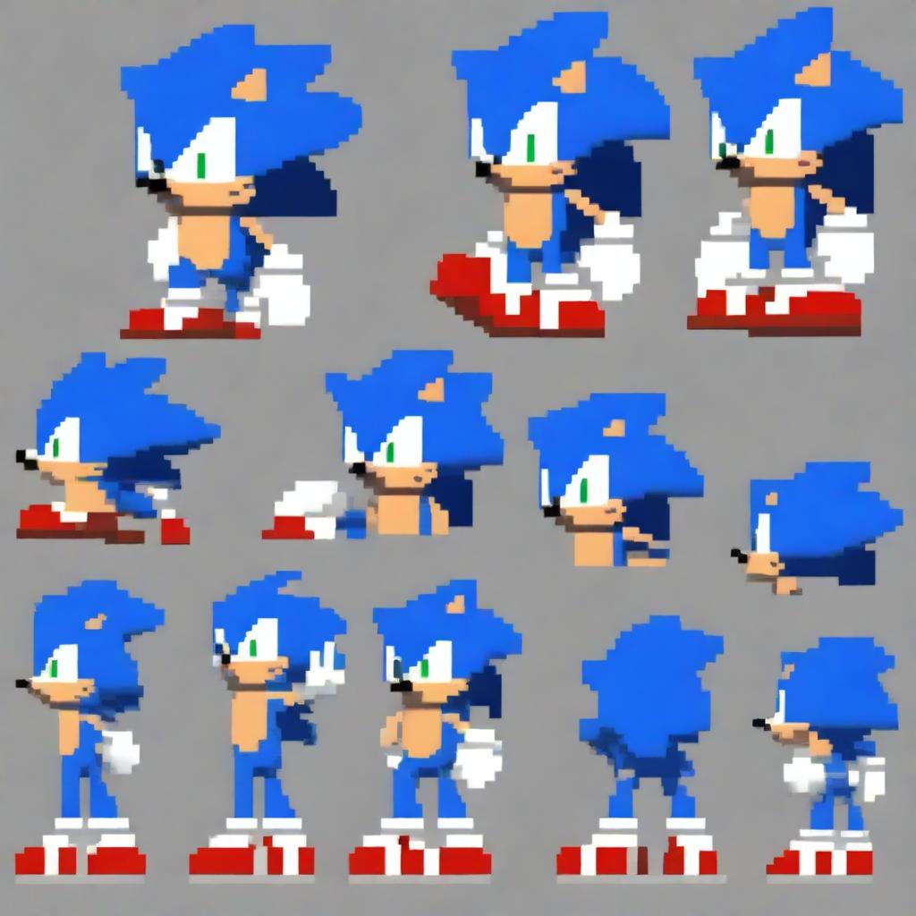 A meticulously crafted pixel art sprite sheet of Sonic the Hedgehog