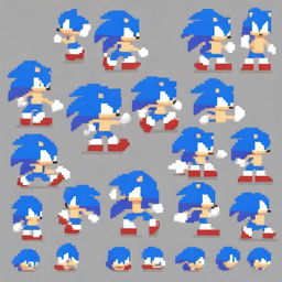 A meticulously crafted pixel art sprite sheet of Sonic the Hedgehog