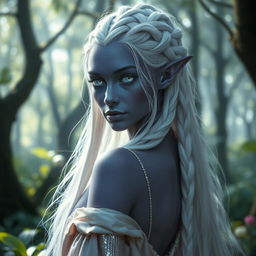 A stunning purple-grey skinned elf with an ethereal appearance